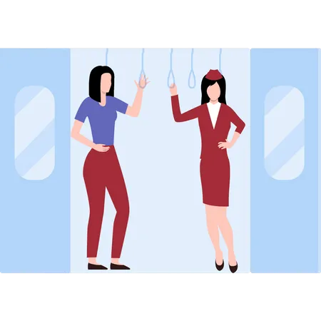 Girls standing in bus holding the handles  Illustration