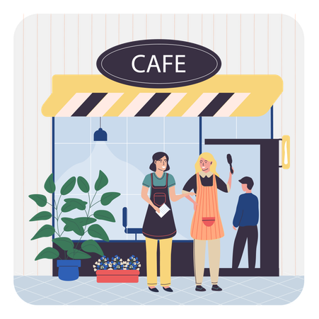 Girls standing outside cafe  Illustration