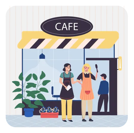 Girls standing outside cafe  Illustration