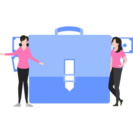 Girls standing with briefcase  Illustration