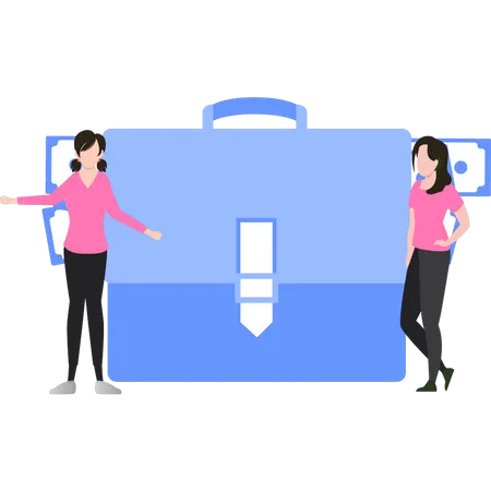 Girls standing with briefcase  Illustration