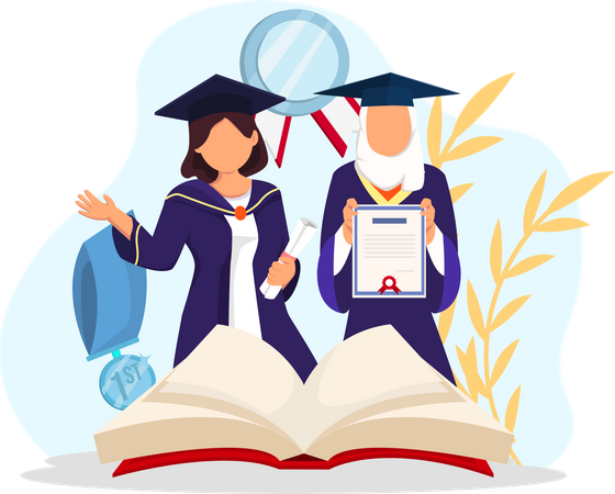Girls standing with graduation certificate  Illustration
