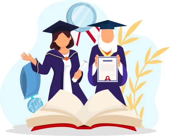 Girls standing with graduation certificate  Illustration