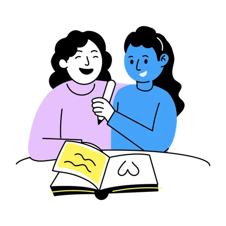 Girls Studying together  Illustration