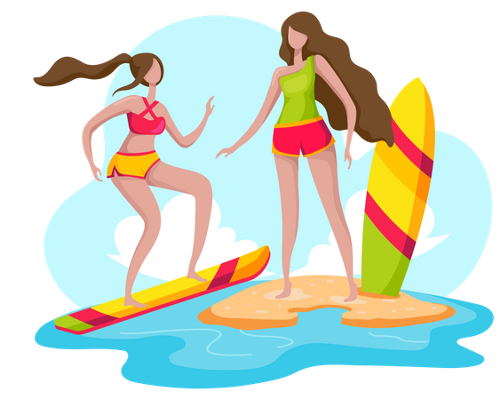 Girls surfing in sea Illustration