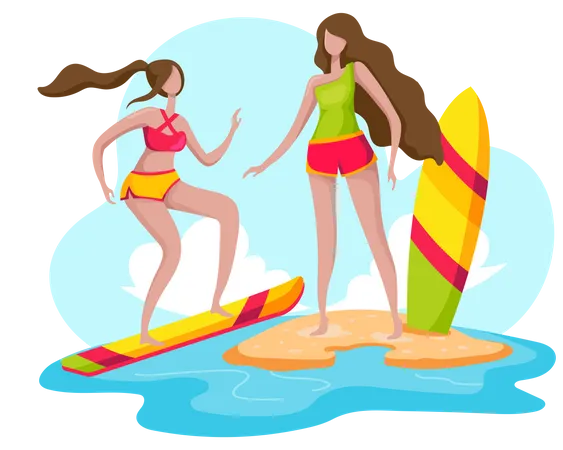 Girls surfing in sea Illustration