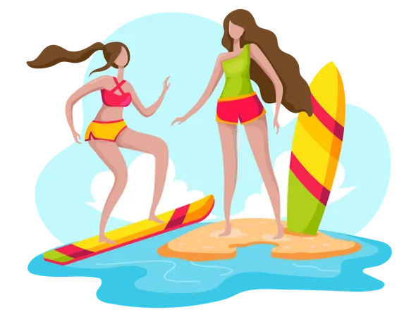 Girls surfing in sea  Illustration