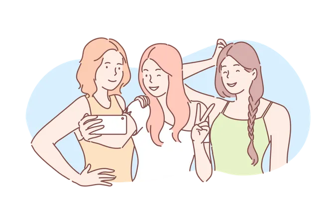 Friendship Photo Selfie Communication Concept Young Happy Women Friends Bloggers Take Selfie Together Look And Pose At Camera Girls Pupils Communicate On Social Media Show Piece Sign Vector Illustration