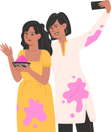 Girls taking holi selfie  Illustration