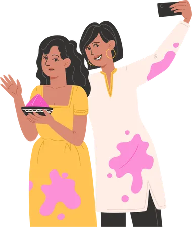 Girls taking holi selfie  Illustration