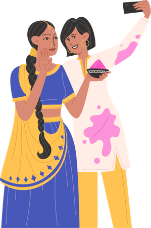 Girls taking mobile selfie on holi  Illustration