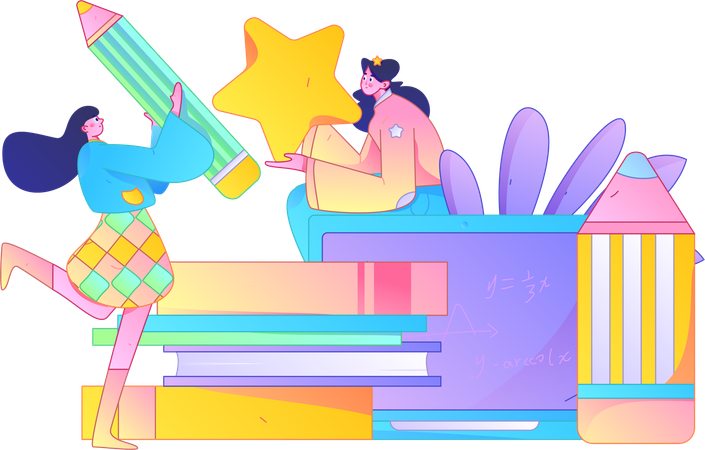 Girls taking online education  Illustration