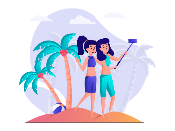 Girls taking selfie at beach  Illustration