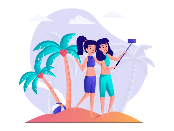 Girls taking selfie at beach  Illustration