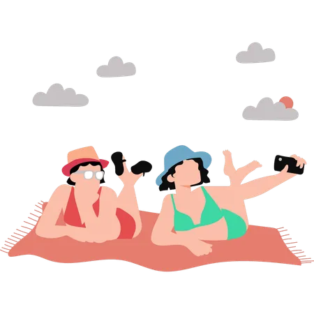 Girls taking selfie on beach  Illustration