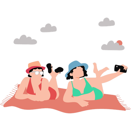 Girls taking selfie on beach  Illustration