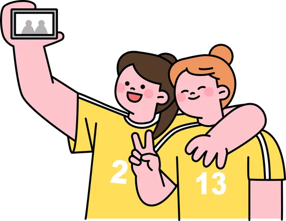 Girls taking sports selfie using mobile  Illustration