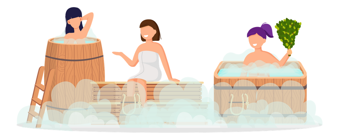 Girls taking steam bath Illustration