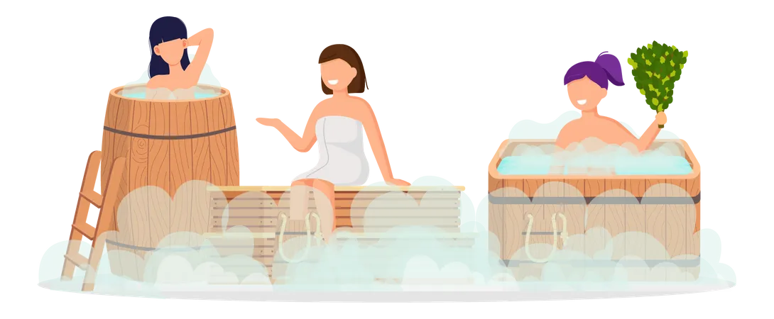 Girls taking steam bath  Illustration
