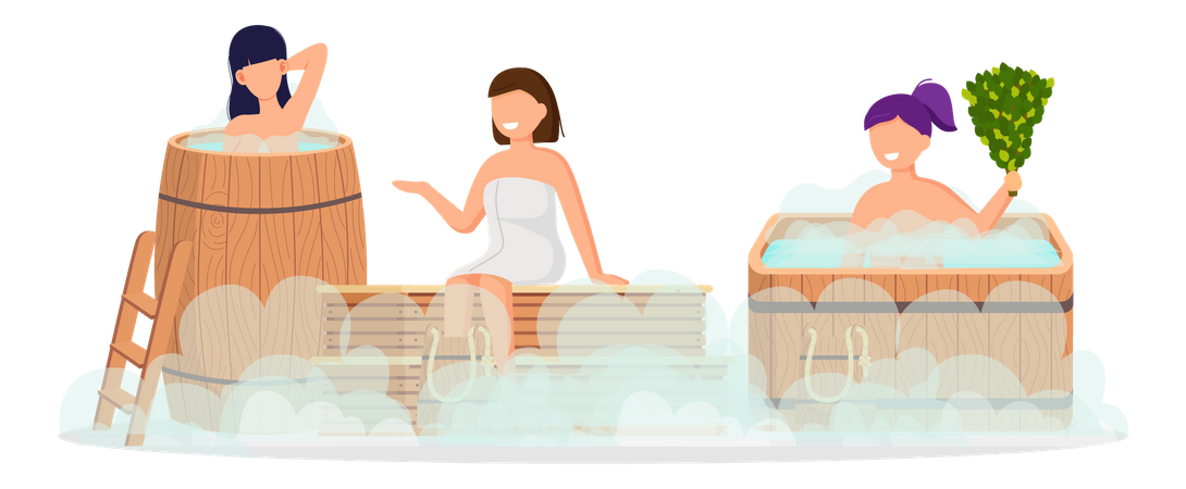 Girls taking steam bath  Illustration