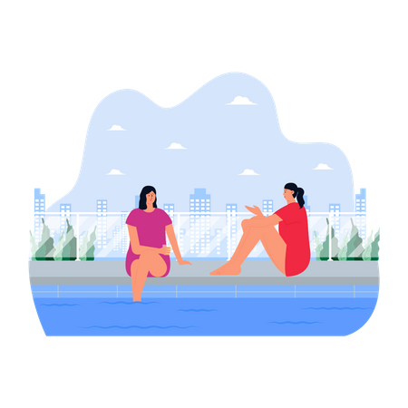 Girls talking at swimming pool  Illustration