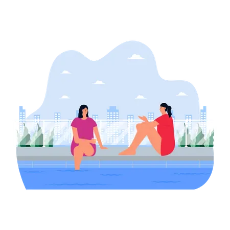 Girls talking at swimming pool  Illustration