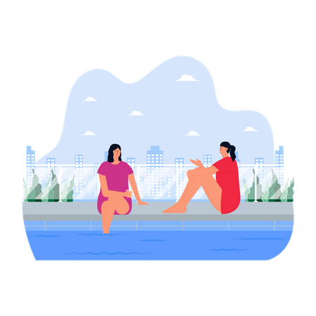 Girls talking at swimming pool  Illustration