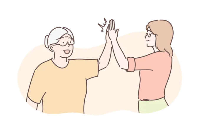 Old And Young Age Congratulation Concept Old Grandmother Congratulates Her Grandson Illustration Of Family Friendship Old And Young Age Team Communication In Cartoon Style Simple Flat Vector Illustration