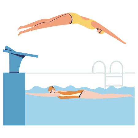 Girls use Relay Exchange technique for swimming  Illustration