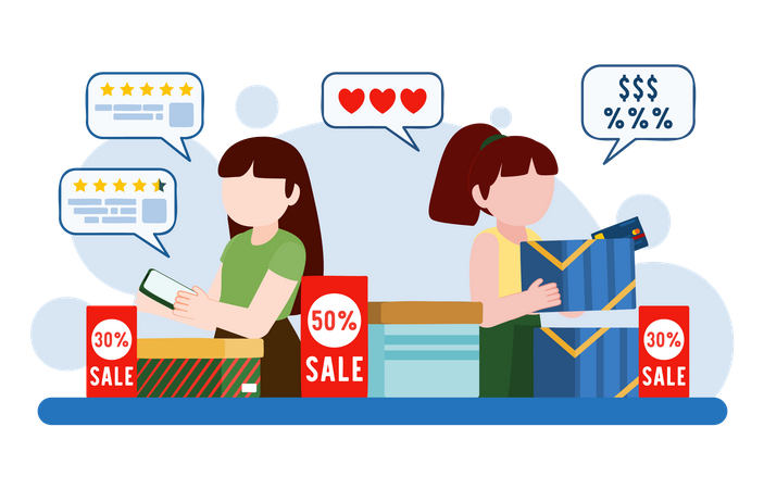 Girls using consumer rights while online shopping  Illustration