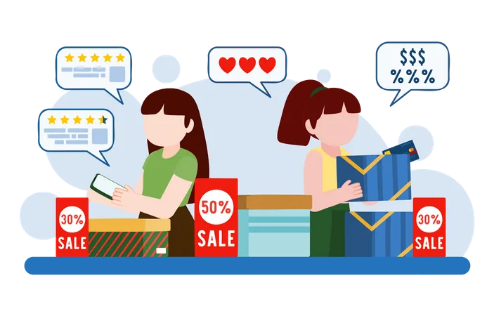 Girls using consumer rights while online shopping  Illustration