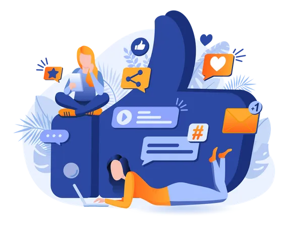 Social Media Scene Women Communicate Online Via Smartphone Or Laptop Comments Likes Share Post Subscriptions Feedback Blogging Concept Vector Illustration Of People Characters In Flat Design イラスト