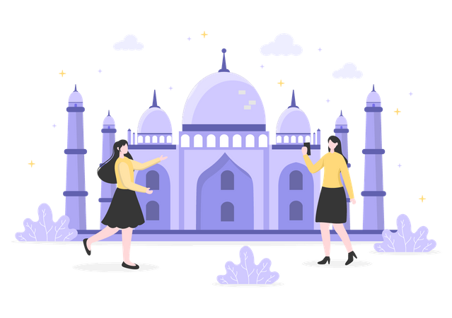 Girls visiting Taj mahal  Illustration