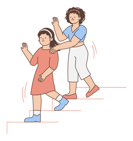 Girls walking down stairs during earthquake  Illustration