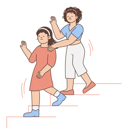 Girls walking down stairs during earthquake  Illustration