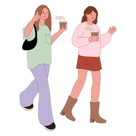 Girls walking while drinking coffee Illustration