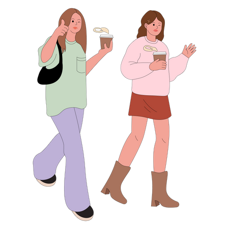 Girls walking while drinking coffee  Illustration