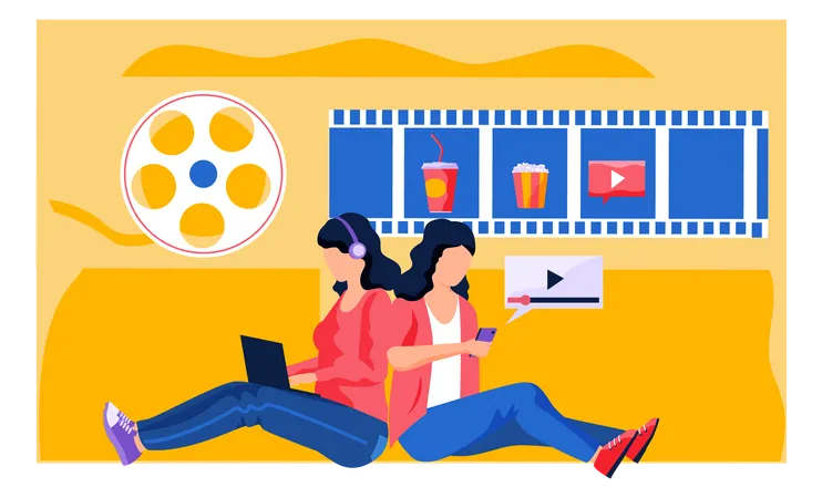 A Woman In Headphones Sits With A Laptop In Her Hands And Chooses Food And A Movie To Watch On The Computer Girl With Phone Is Watching Video Online Cinema Watching Movie On The Internet Illustration