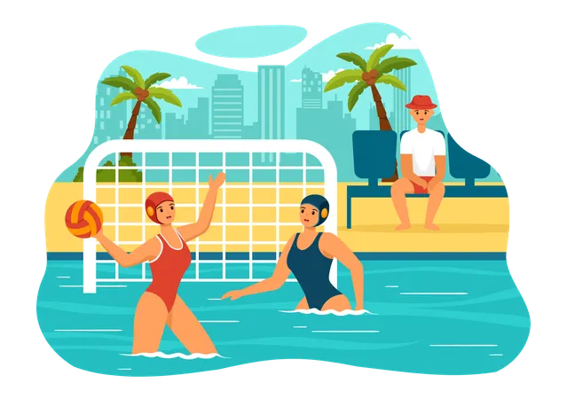 Girls Water Polo Sport at beach  イラスト