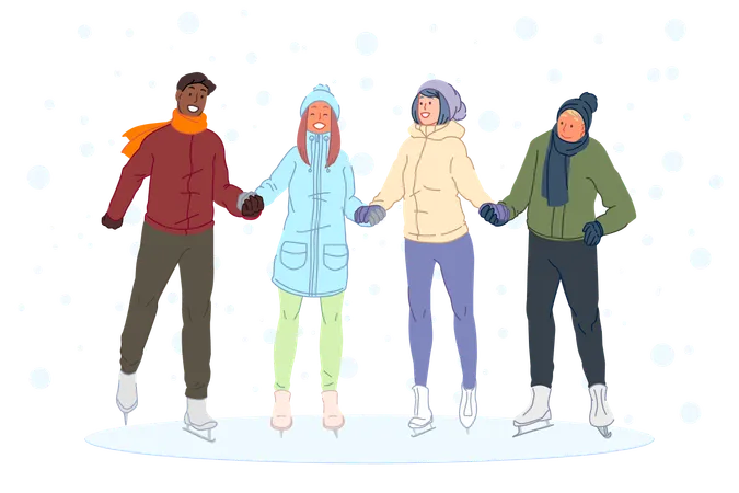 Iceskating With Friends Boys Girls Winter Entertainment Friendship Concept Smiling Young People Teens On Ice Rink Man And Woman Learning To Skate Together Friendly Support Simple Flat Vector Illustration