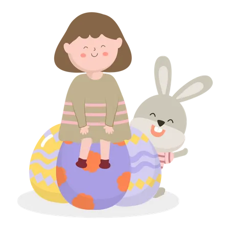 Girls with funny rabbit and beautiful easter eggs  イラスト