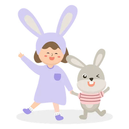 Girls with funny rabbit  Illustration