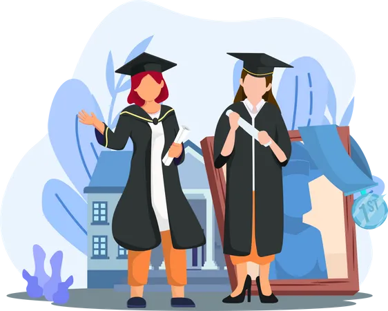 Girls with graduation degree  Illustration