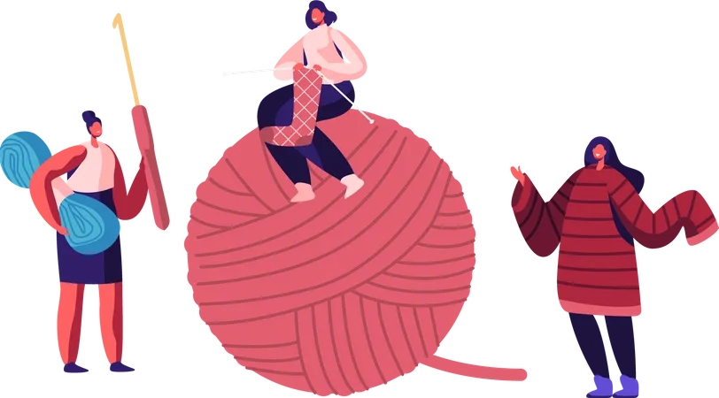 Girls with Knitting Needles Sitting on Huge Clew  Illustration