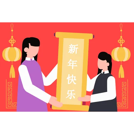 Girls with scroll roll on Chinese New Year  Illustration