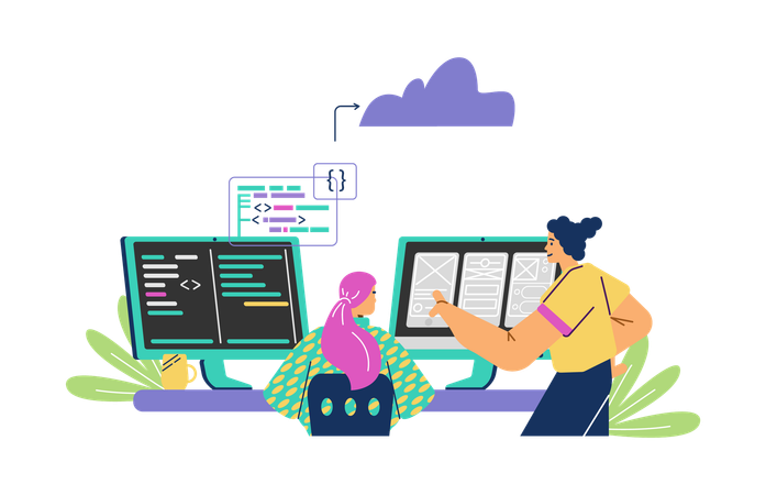 Girls working on web coding on computer  Illustration
