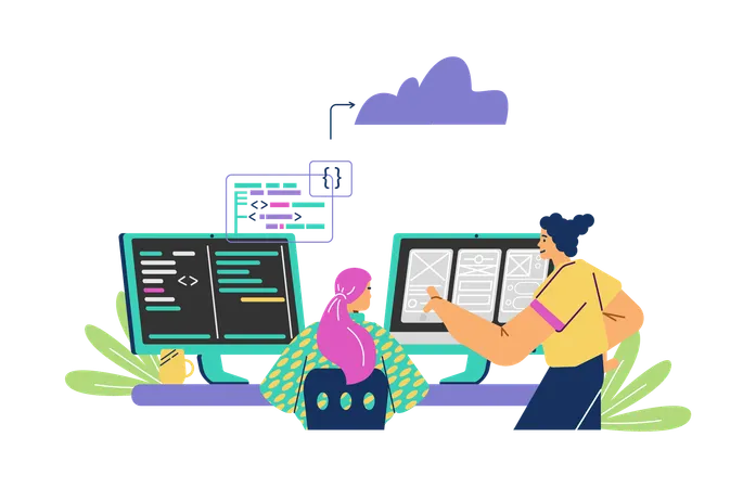 Girls working on web coding on computer  Illustration