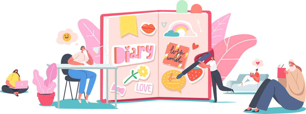 Girls Writing Memoirs into Cute Notebook with Stickers Illustration