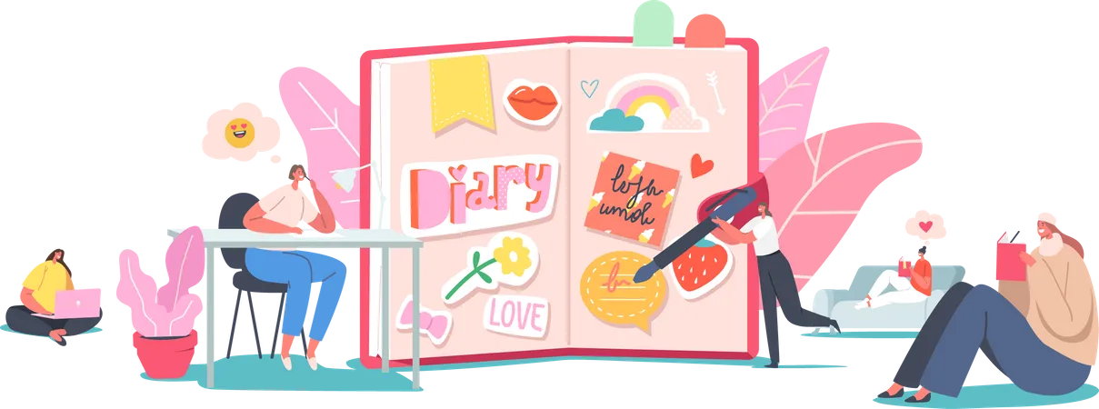 Girls Writing Memoirs into Cute Notebook with Stickers Illustration