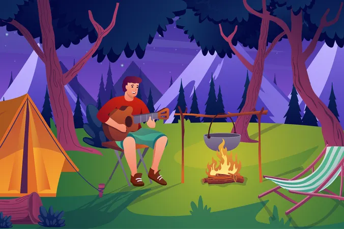 Gitarrist beim Camping  Illustration